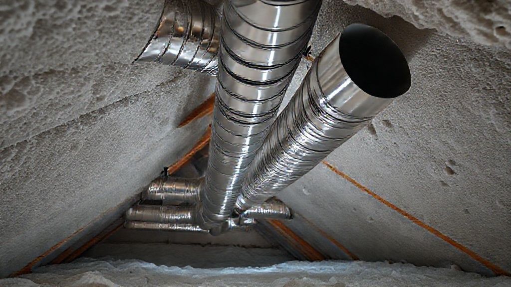 Shiny ducts weave through a clean, modern attic; textured insulation suggests risk, hinting at unlicensed HVAC work.